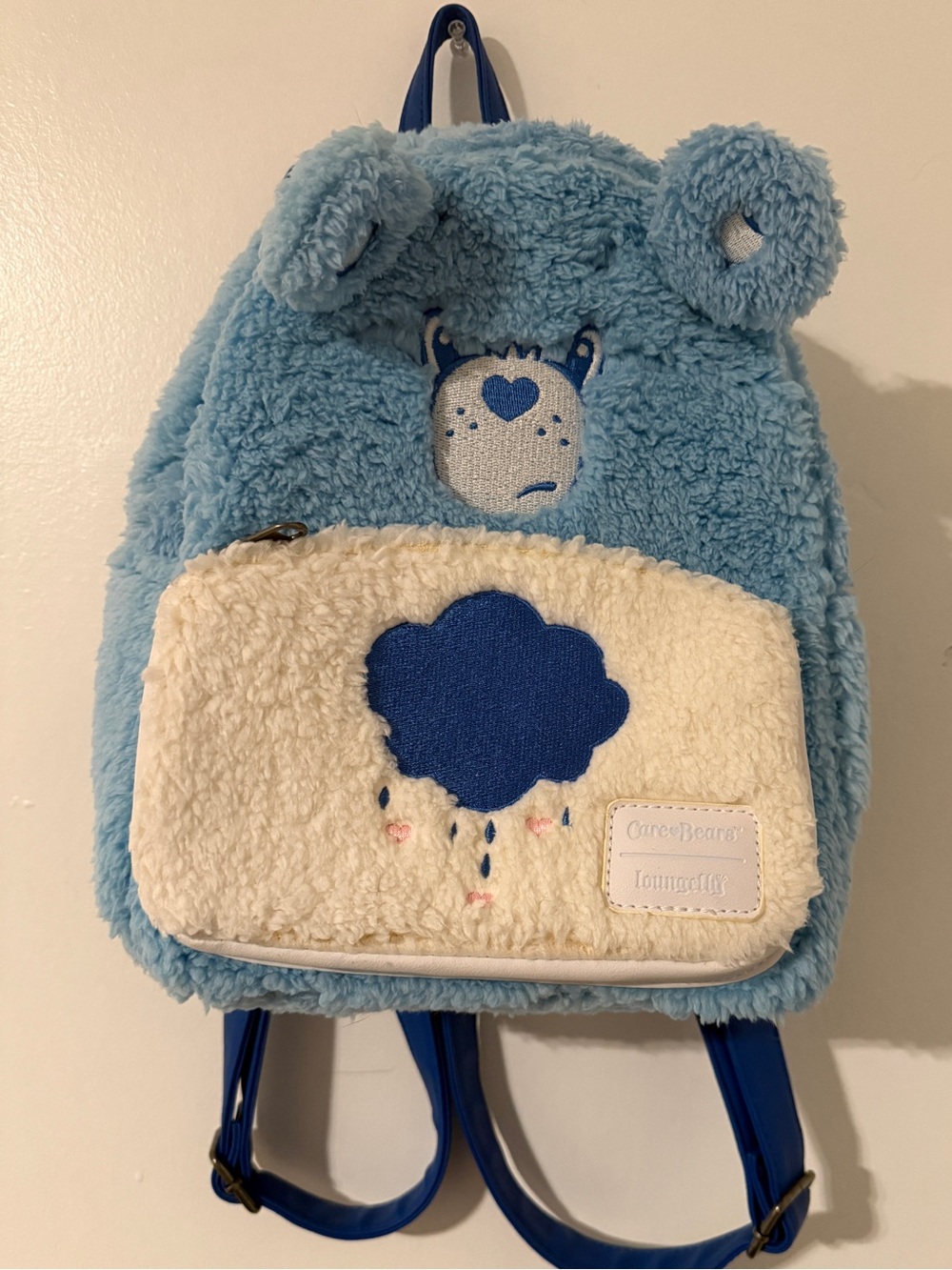 Care Bears Light Blue Plush Backpack with Cream Front Pocket